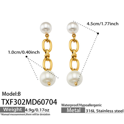 B廠【TXP302】歐美爆款手工製作不銹鋼鍍18k金 貝珠吊墜時尚潮流飾品女耳環項鍊 26.07-2