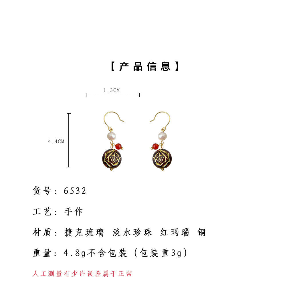 C廠【6532】淡水珍珠捷克琉璃文藝復古風手工宮廷耳飾中古風新款原創耳環 25.08-2