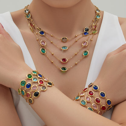 B廠【TXP511】不鏽鋼幾何橢圓切面玻璃石包邊項鍊手鍊耳環組鍍18k金跨國首飾
 25.12-2