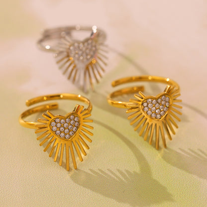 B廠【A038】歐美新款不鏽鋼5A鋯石超閃羽翼愛心開口戒指女款時尚飾品潮 25.05-1