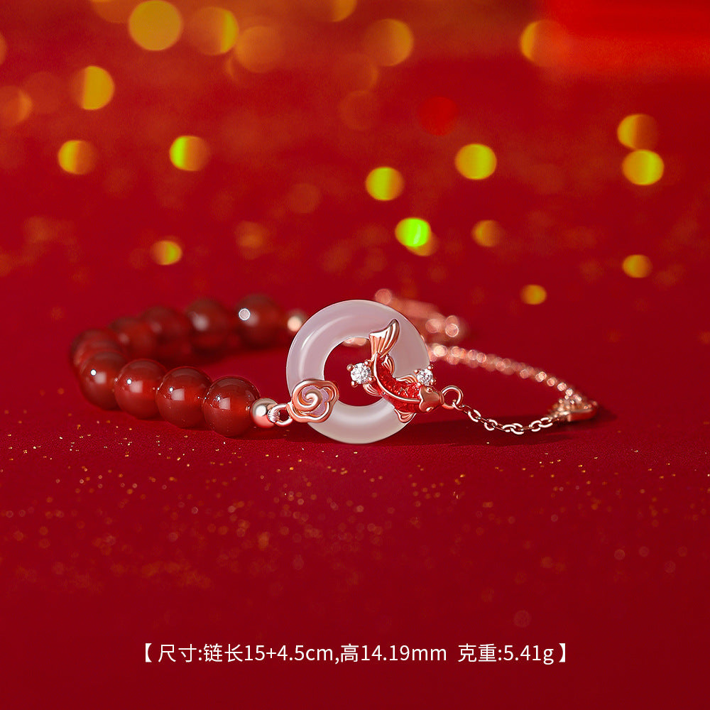 D廠【YC2289N】原創足銀S999紅瑪瑙白玉髓錦鯉平安扣項鍊個性手鍊國風耳環
 25.12-1