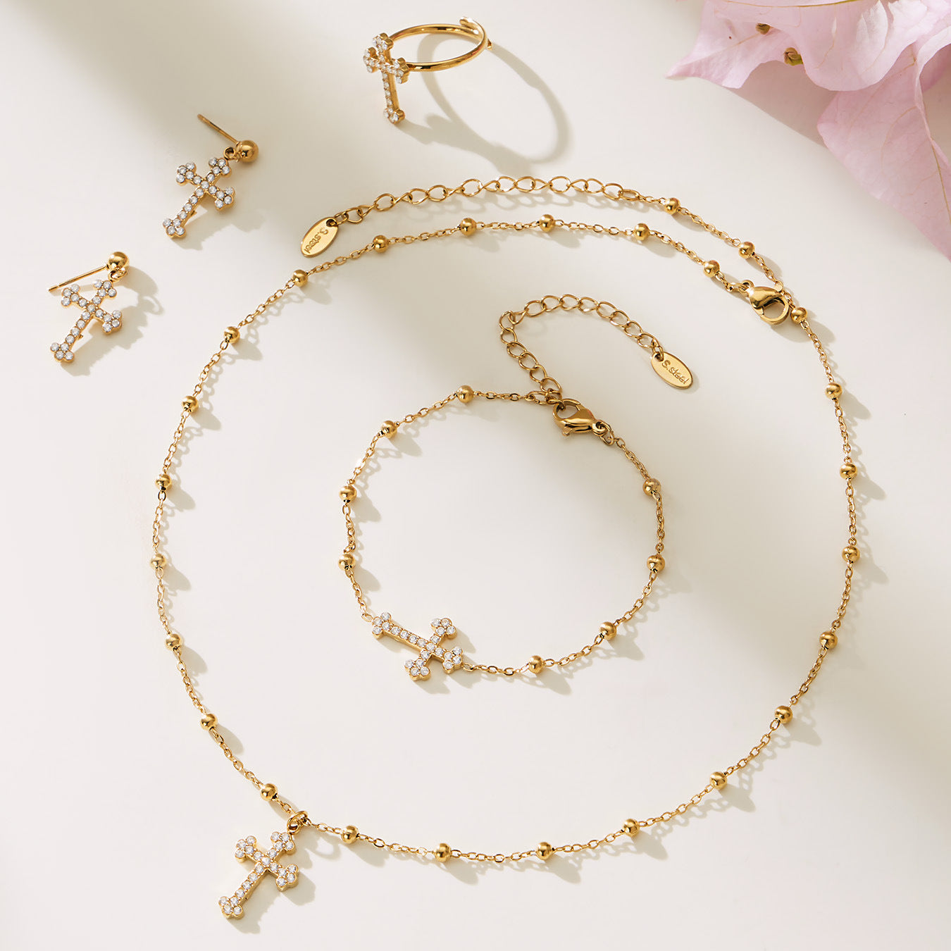 B廠【TXP487】超閃5A鋯石十字架吊墜項鍊手鍊耳環戒指首飾組不銹鋼
 25.12-1