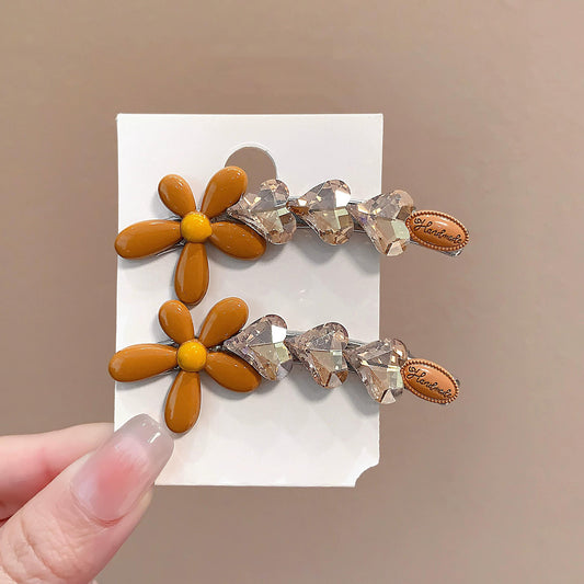 C廠【X129】韓系黃色花朵鴨嘴髮夾閃亮愛心鑽可愛百搭精緻鴨嘴夾髮飾甜美小花
 26.04-3