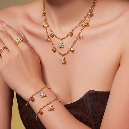 B廠【TXP500】不銹鋼5A鋯石滿鑽小熊蝴蝶結愛心多配件吊墜項鍊手鍊耳環首飾套裝
 25.11-4