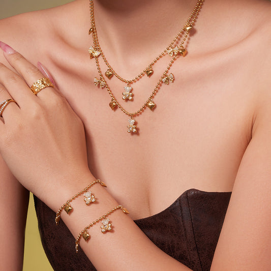 B廠【TXP500】不銹鋼5A鋯石滿鑽小熊蝴蝶結愛心多配件吊墜項鍊手鍊耳環首飾套裝
 25.11-4