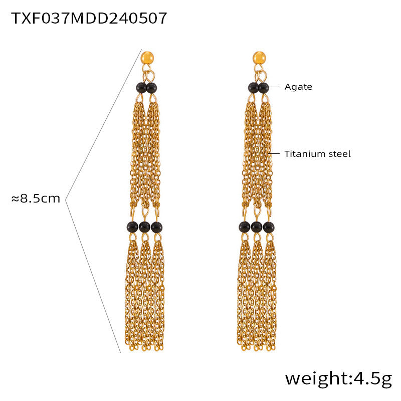 B廠【TXP037】歐美跨境ins設計個性百搭鈦鋼鍍18k項鍊金天然石流蘇耳環套裝飾品 24.05-3