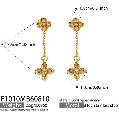 B廠【F1010】新款滿鑽四葉花垂墜耳飾鈦鋼鍍金ins輕奢精緻時尚通勤飾品耳環女
 26.08-2