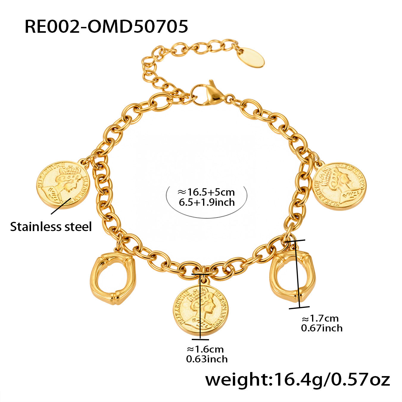 B廠【RE002】歐美飾品不鏽鋼26個字母伊莉莎白女王圖像手鍊鍍18k金色保色 25.07-3