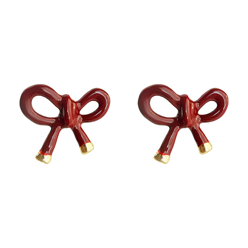 C廠【4967】安可拉紅電鍍14K酒紅色琺瑯滴油蝴蝶結時尚高級感耳環耳飾女
 25.11-1
