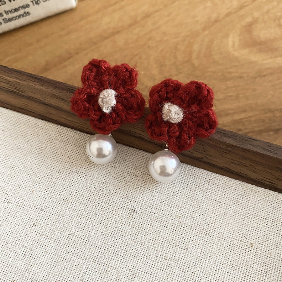 A廠【HE29266】925銀針針織花朵珍珠耳環秋冬溫柔甜美氣質耳環輕奢高級感新款耳環女
 25.11-2