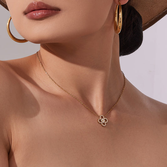 B廠【TXP474】 不銹鋼四葉草鋯石項鍊手鍊 鍍18k金歐美時尚個性珠寶首飾
 25.11-3