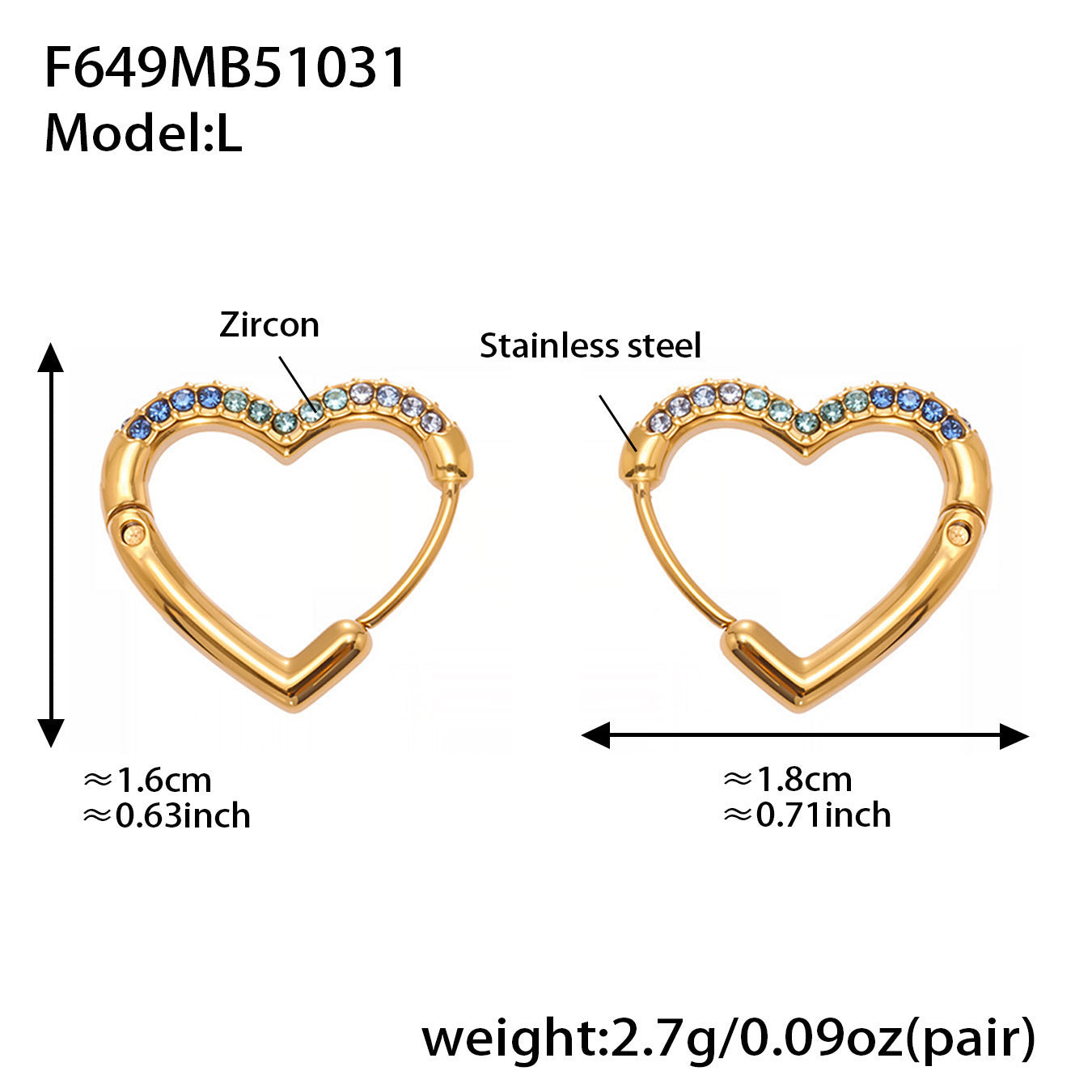 B廠【F649】跨境新款愛心彩色鋯石耳環耳環不鏽鋼鍍18k金時尚百搭耳飾
 25.11-1