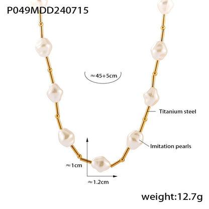 B廠【P049】跨境新款仿珍珠百搭鎖骨鈦鋼項鍊法式復古串珠拼接鍍18k真金項鍊 24.07-4