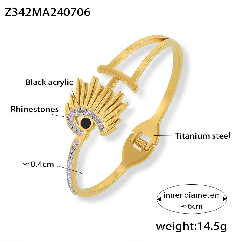 B廠【Z342】韓國小清新百搭雞冠之眼鑲水鑽黑壓克力手鐲鈦鋼鍍金開口彈簧手飾 24.07-2
