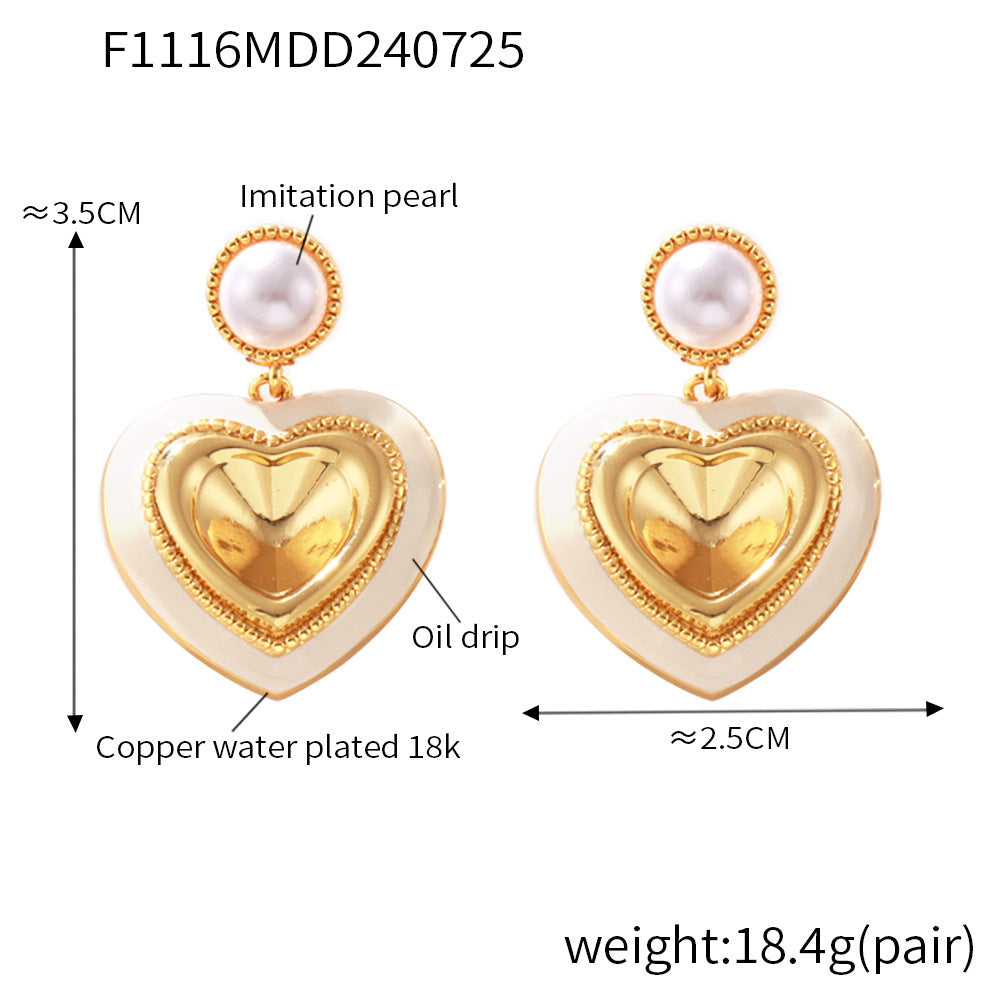 B廠【F1115】法式仿珍珠愛心立體玻璃石飽滿耳環輕奢感銅材質2024跨國熱銷耳飾 24.07-5