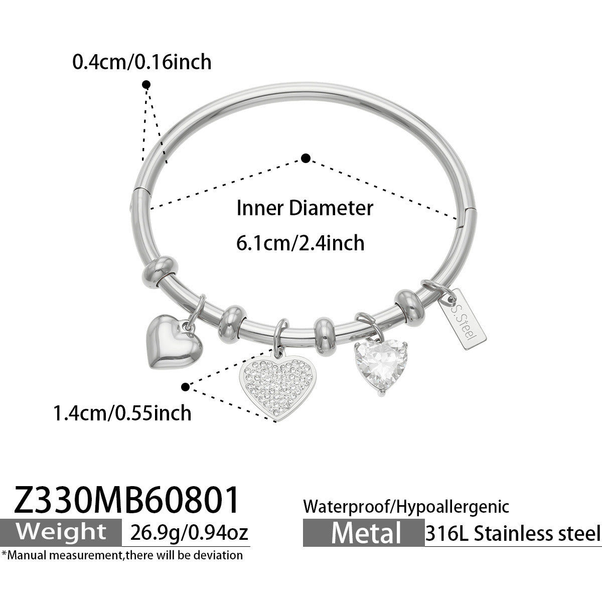 B廠【Z330】歐美幾何新款不鏽鋼鍍18k金 多愛心配件時尚百搭個性女飾品手鐲
 26.08-1