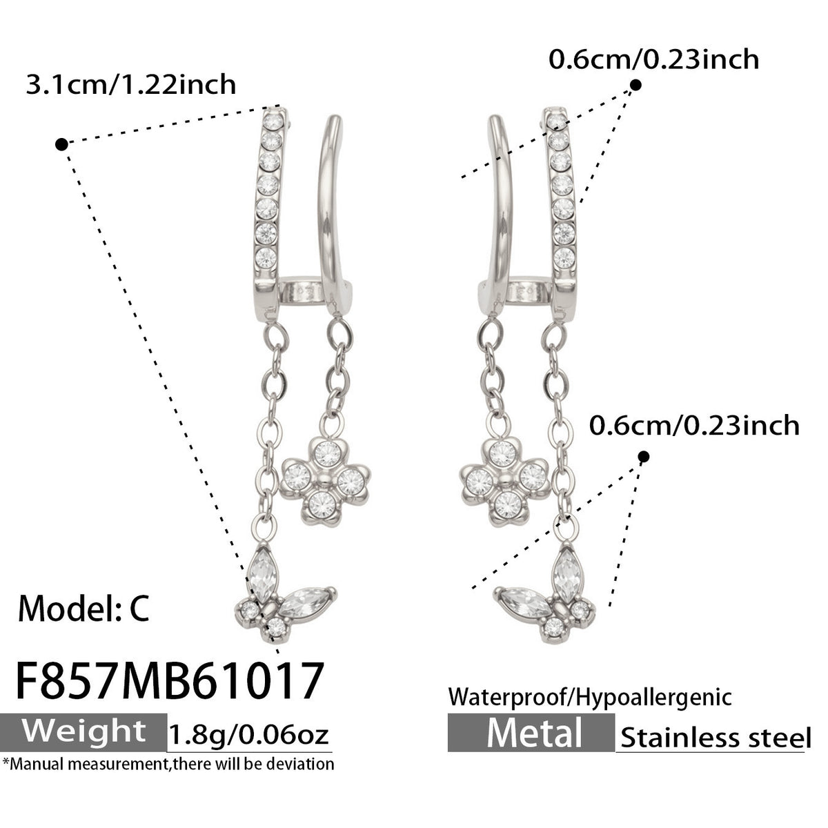 B廠【F857】幾何四瓣花愛心鑲锆石耳墜不鏽鋼耳環組
 26.10-4