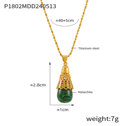 B廠【P1802】新款復古水滴孔雀石羽毛球鑲鑽吊墜新中式設計優雅百搭鈦鋼項鍊女 24.05-3