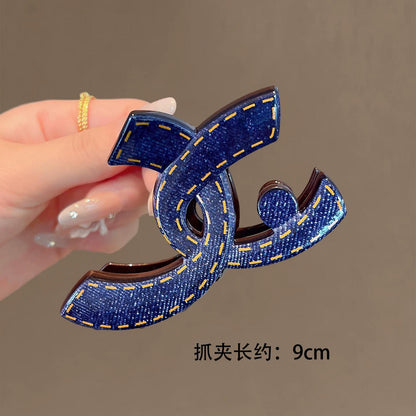 C廠【X272】藍色牛仔紋蝴蝶結抓夾大復古高級感後腦勺盤髮鯊魚夾百搭氣質髮飾
 26.05-2「C廠-單筆結帳需滿，NT$500出貨(不含運費)」