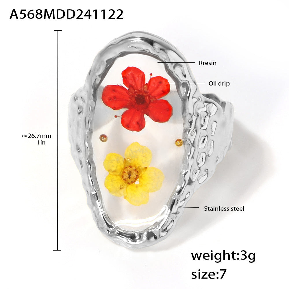 B廠【A568】不鏽鋼琺瑯彩釉樹脂乾燥花開口戒指宮廷風文藝指環 24.12-1