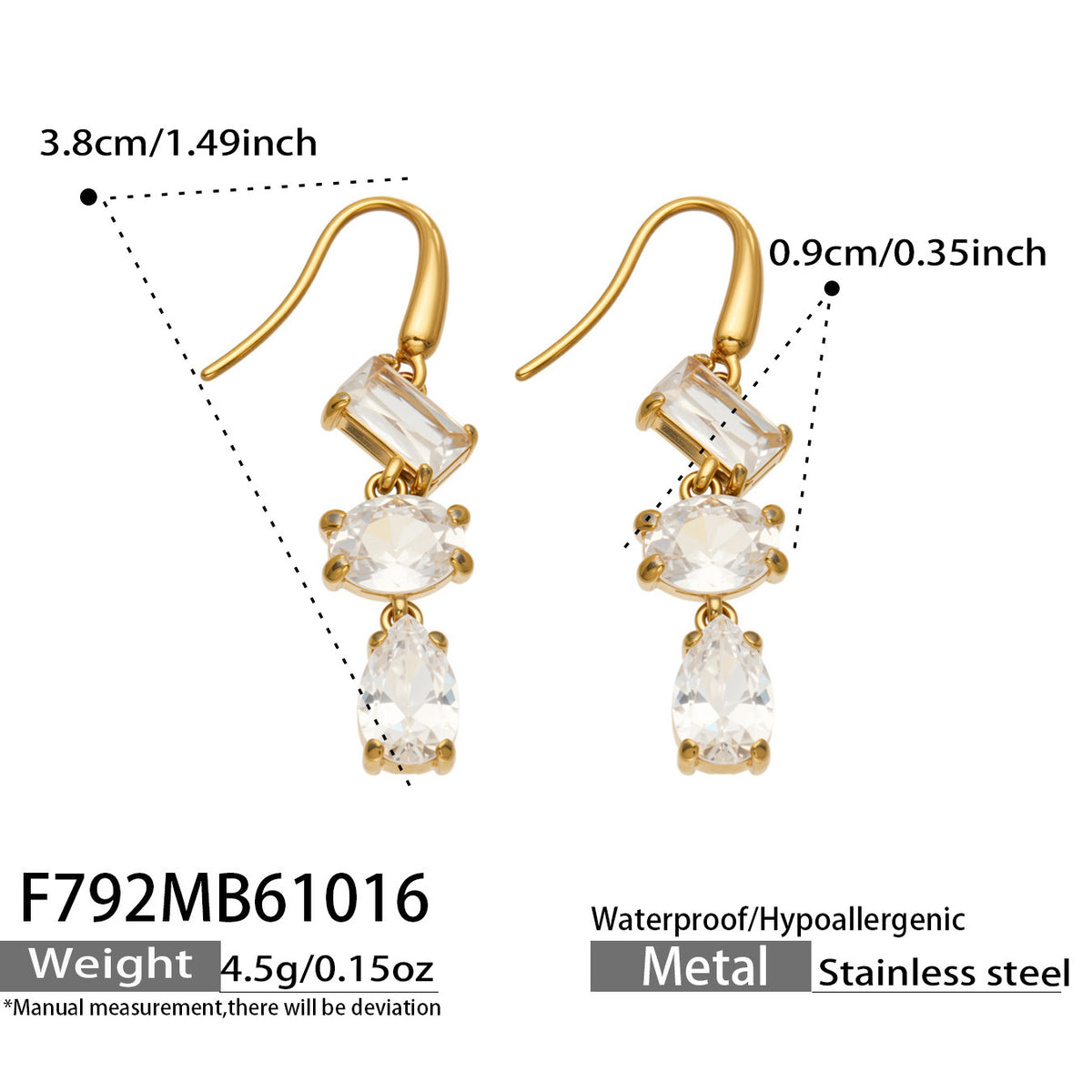 B廠【F792】個性疊層彩鋯流蘇耳墜不鏽鋼鍍18k金耳環
 26.10-4
