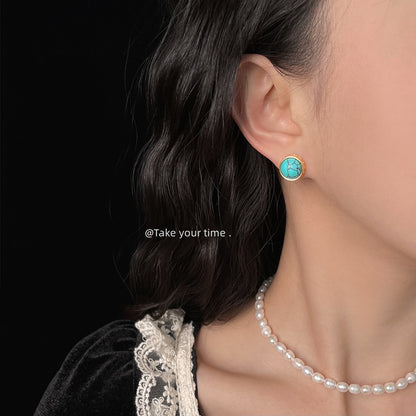 A廠【5744】文藝復古925銀針新中式微鑲鋯石合成綠松石圓形高級感耳環耳飾女 25.03-3