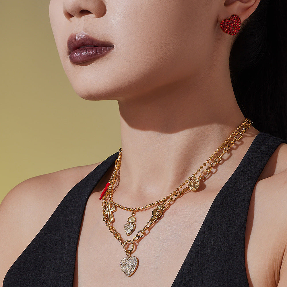 B廠【TXP450】5A鋯石皇冠愛心滿鑽開口戒指項鍊耳環組不銹鋼鍍18k真金
 25.10-4