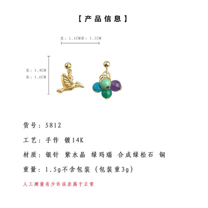 A廠【5812】個性小眾設計師ins不對稱天然石AB款飛鳥手工耳環2025耳環女 25.04-1
