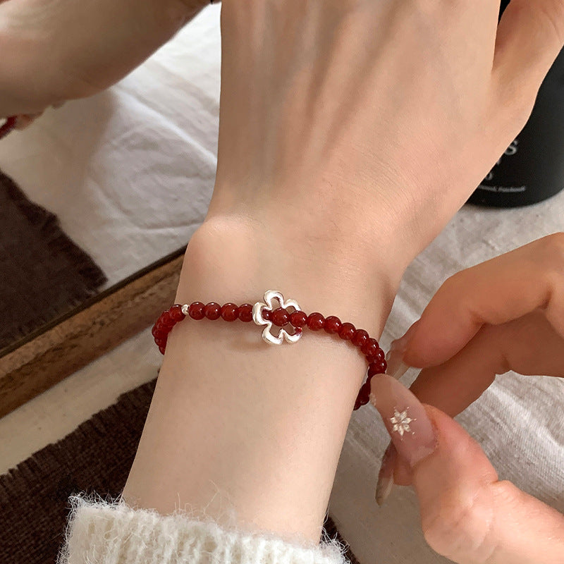 E廠【XDQ0589S】韓系ins風花朵紅瑪瑙手串女S925純銀氣質顯白百搭手環手飾品
 25.11-3