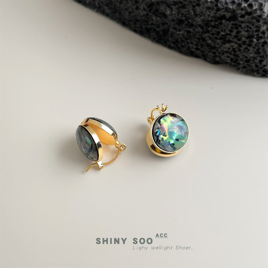 A廠【7101】鮑魚貝！時尚高級感輕奢風中古圓形幾何雙面耳飾貝殼耳環飾品
 25.11-4