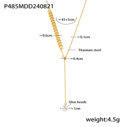 B廠【P485】法式優雅麥穗仿珍珠可調式吊墜項鍊鈦鋼鍍18k真金流蘇氣質鎖骨鏈 24.08-5