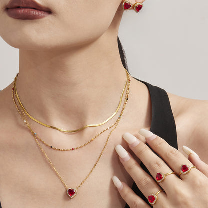 B廠【TXP354】新款紅色玻璃愛心滿鑽鎖骨項鍊耳環戒指不銹鋼材質飾品套裝 25.08-2