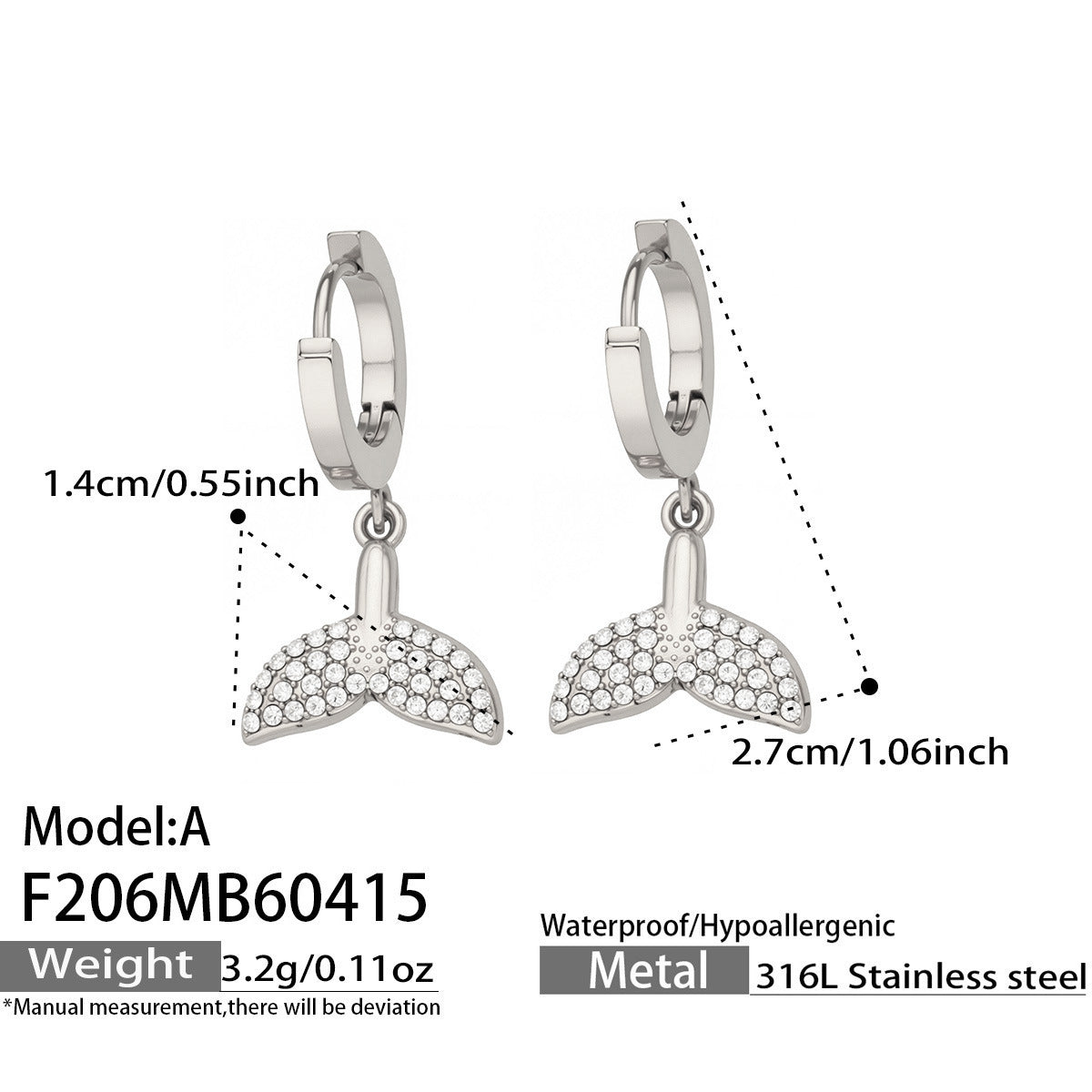 B廠【F206】歐美時尚新款人魚尾滿鑽鋯石吊墜耳環小眾設計高級感不鏽鋼耳飾女
 26.04-4