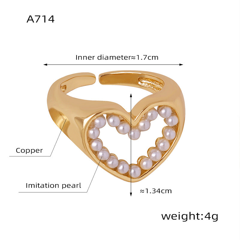 B廠【A714】歐美極簡風幾何指環光面設計銅材質珍珠愛心戒指網紅港風優雅對戒 24.01-2