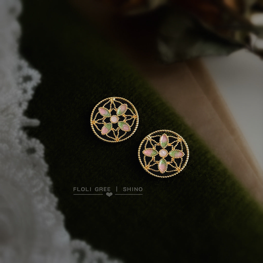 C廠【6956】原創設計國潮紋樣~琺瑯彩繪手工滴釉荷花唯美新款925銀針耳環耳飾
 25.10-4