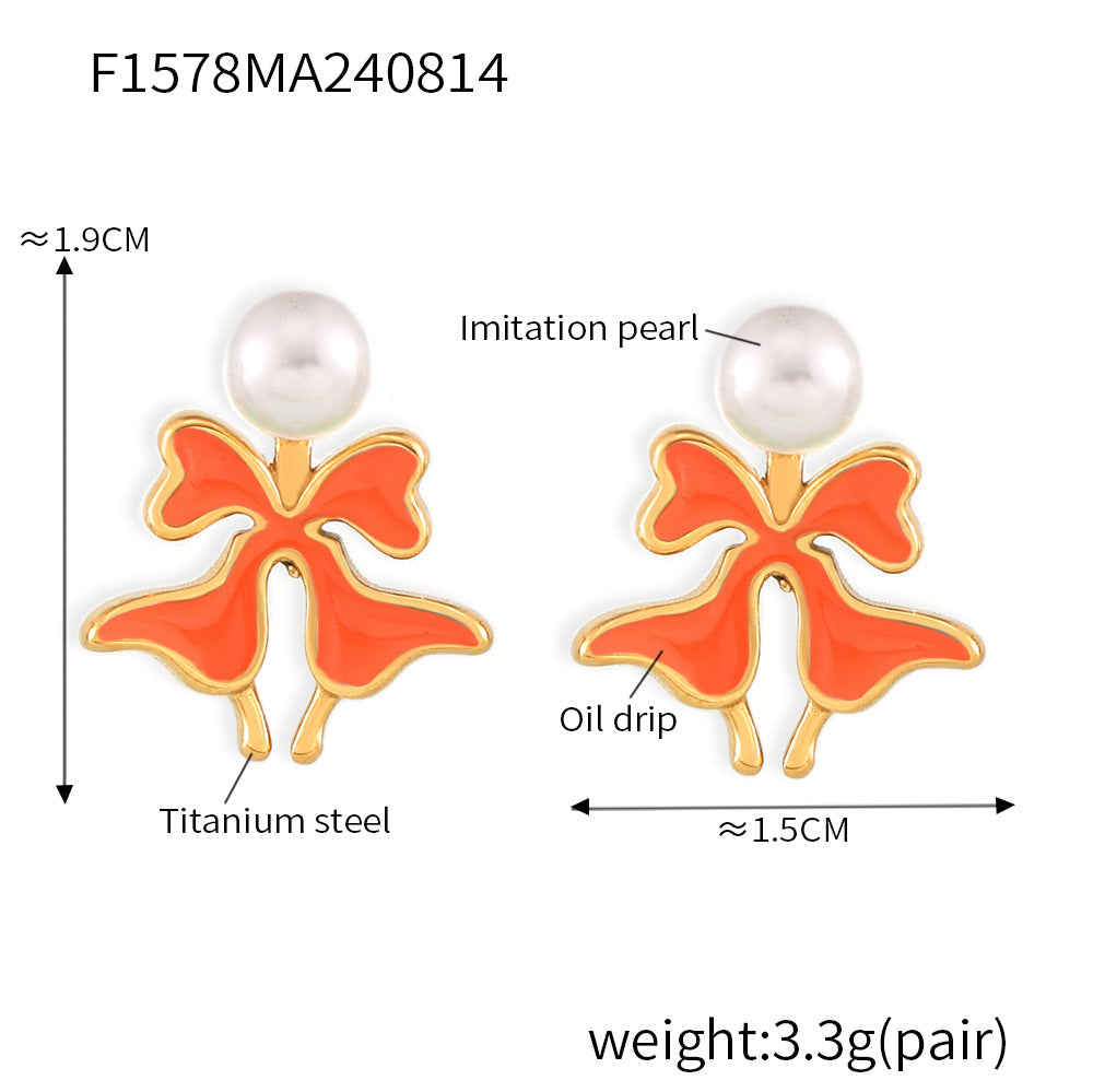 B廠【F1578】跨境仿珍珠彩釉蝴蝶花耳環鈦鋼小眾氣質設計輕奢個性耳環流行飾品 24.08-3