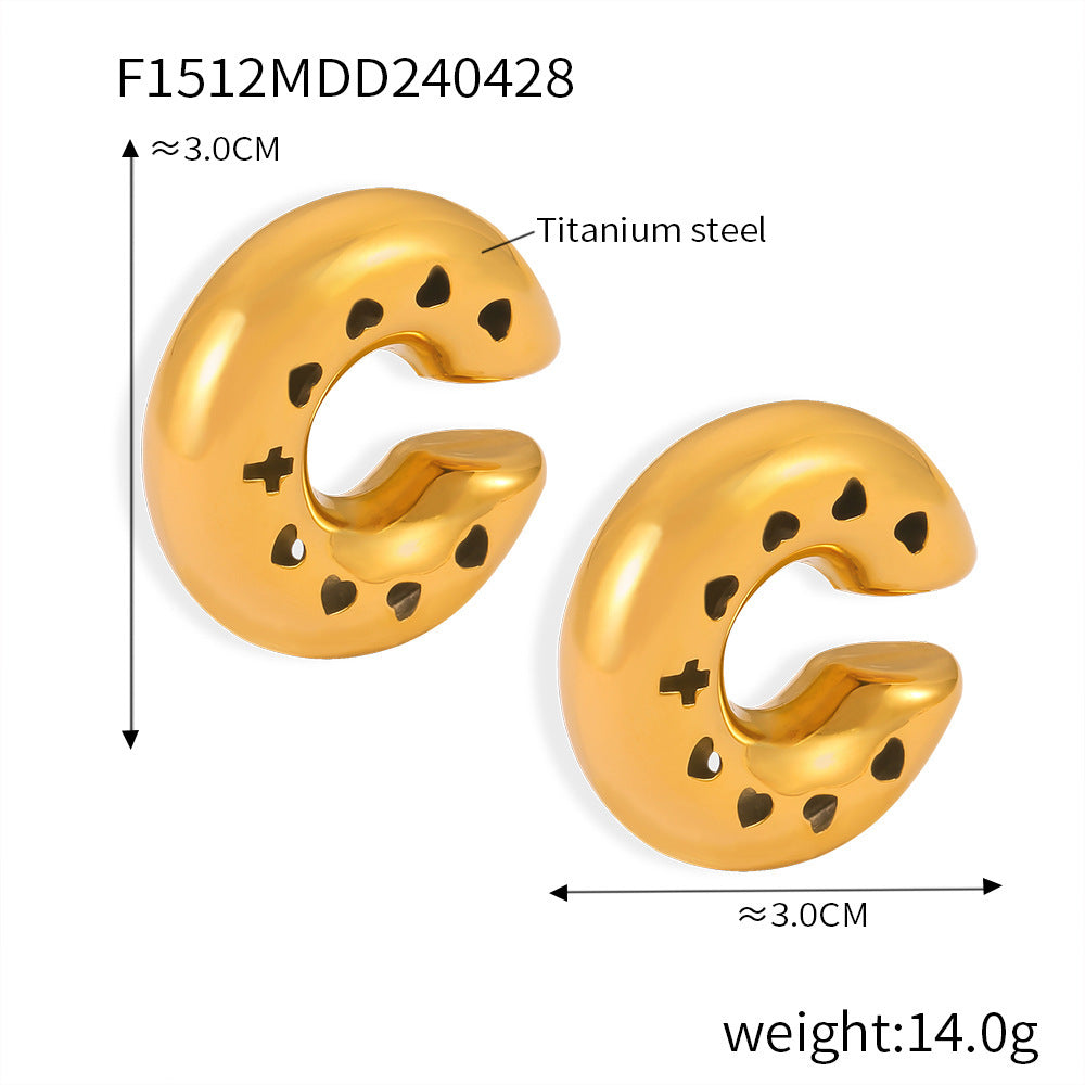 B廠【F1511-2】新款愛心鏤空C型空心耳夾鈦鋼鍍18K金滴油光面設計耳環百搭飾品女 24.05-1