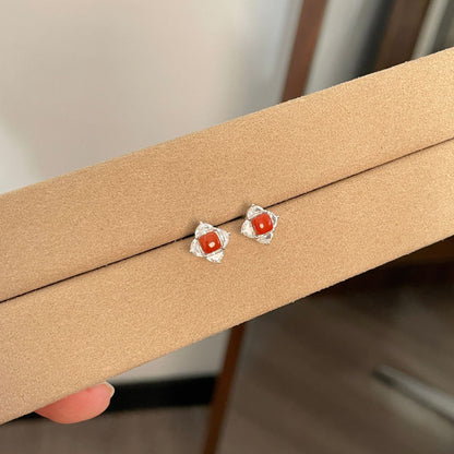 E廠【XDQ10377E】復古簡約南紅瑪瑙四葉草耳環女S925純銀氣質輕奢鑲鋯石耳飾品
 25.12-3