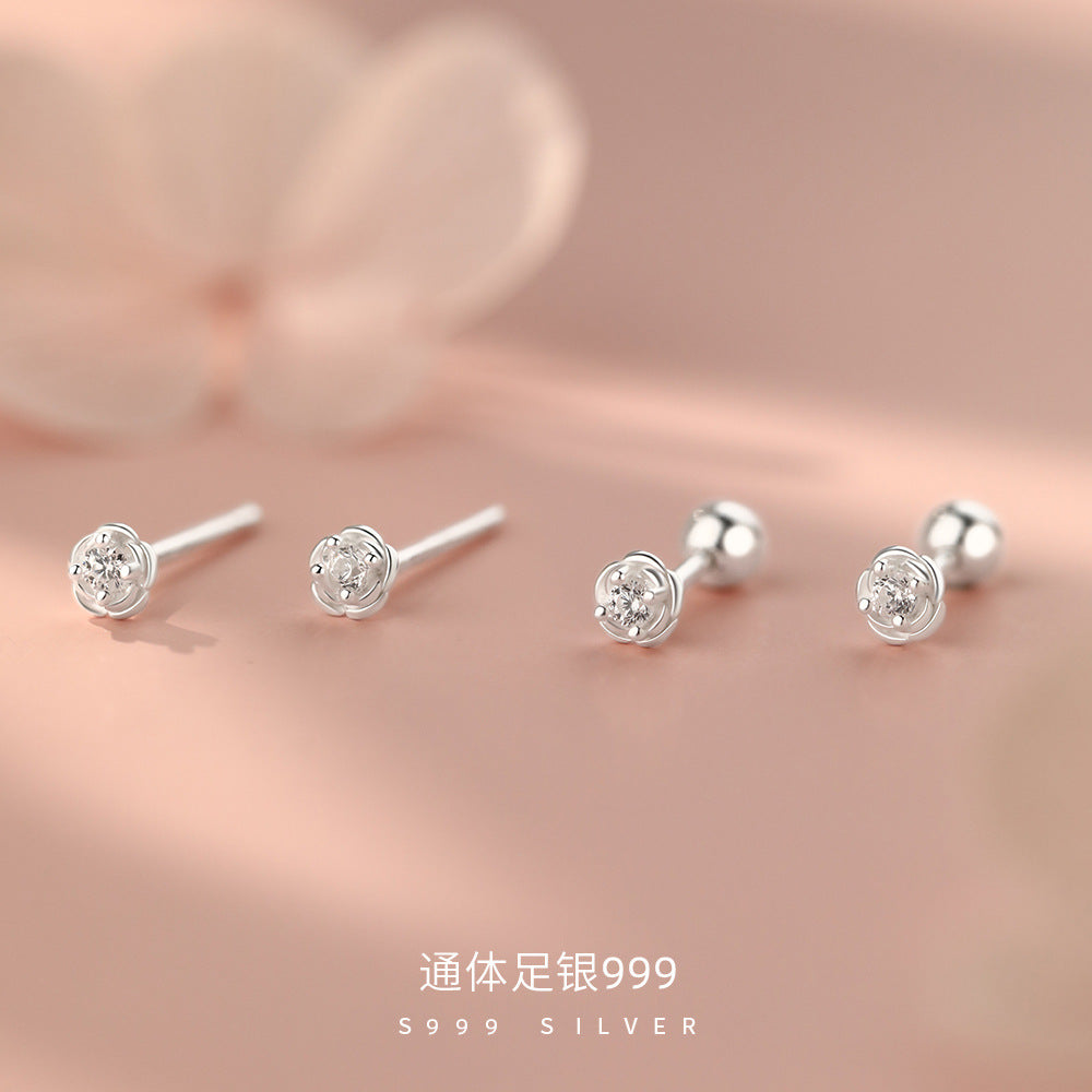 D廠【YC6037E】足銀S999玫瑰花朵鋯石螺絲耳釘
 26.10-1