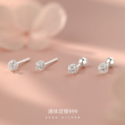 D廠【YC6037E】足銀S999玫瑰花朵鋯石螺絲耳釘
 26.10-1