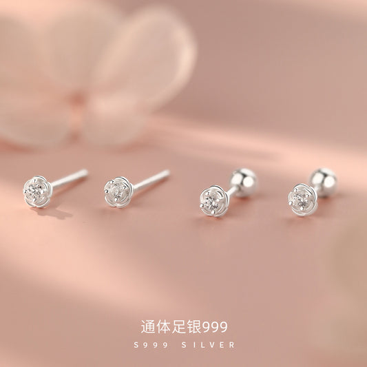 D廠【YC6037E】足銀S999玫瑰花朵鋯石螺絲耳釘
 26.10-1