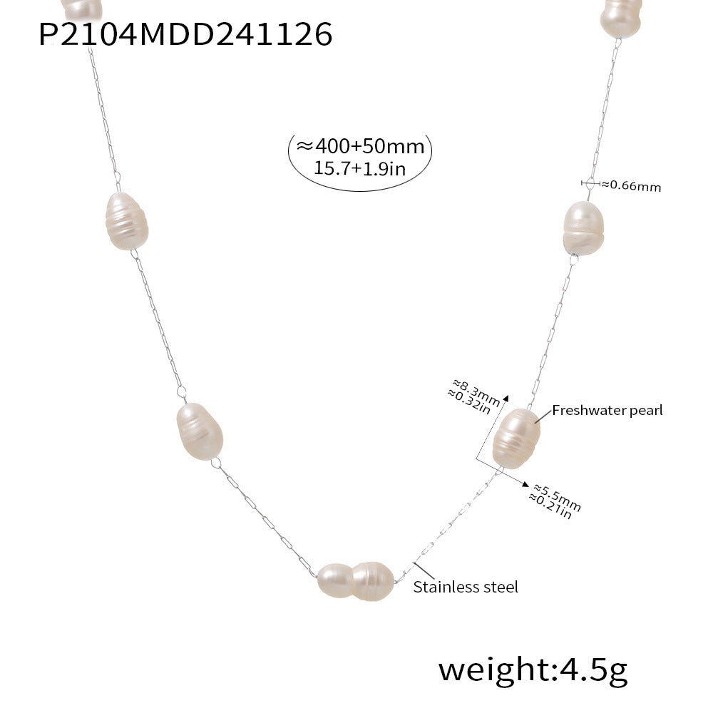 B廠【P2104】不銹鋼天然淡水珍手工串珠鎖骨項鍊時尚輕盈感 24.12-1