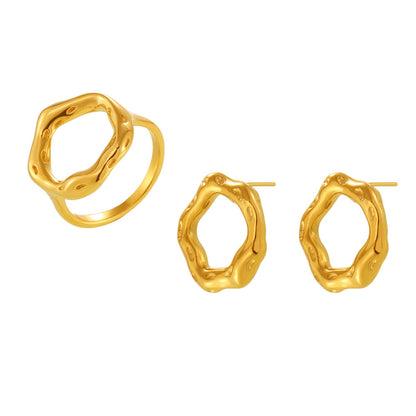 B廠【F530】小眾環形岩溶戒指耳環歐美時尚簡約首飾不鏽鋼18K真金套裝 25.03-1