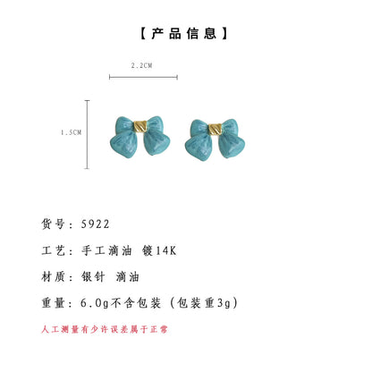 A廠【5922】清新甜美海藍色蝴蝶結手工琺瑯滴釉耳環氣質優雅夏日新款耳飾 25.05-1