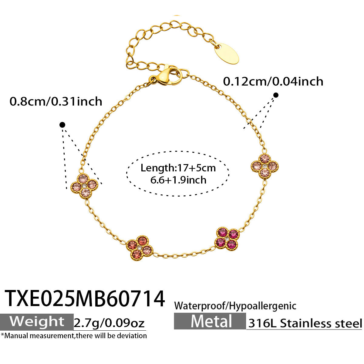 B廠【TXP025】歐美多巴胺系列四葉花不銹鋼鍍18k金 鑲嵌鋯石項鍊手鍊女飾品套裝
 26.07-4