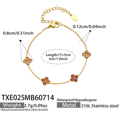 B廠【TXP025】歐美多巴胺系列四葉花不銹鋼鍍18k金 鑲嵌鋯石項鍊手鍊女飾品套裝
 26.07-4