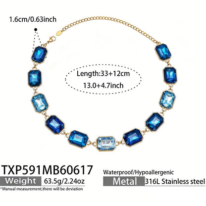 B廠【TXP591】歐美新款多色長方形玻璃石項鍊手鍊首飾套裝復古宴會風不銹鋼飾品
 26.06-4