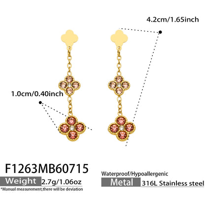 B廠【F1263】小花帶鑽鑲嵌鋯石吊墜耳環不鏽鋼鍍18k金歐美時尚輕奢耳環飾品女
 26.07-4