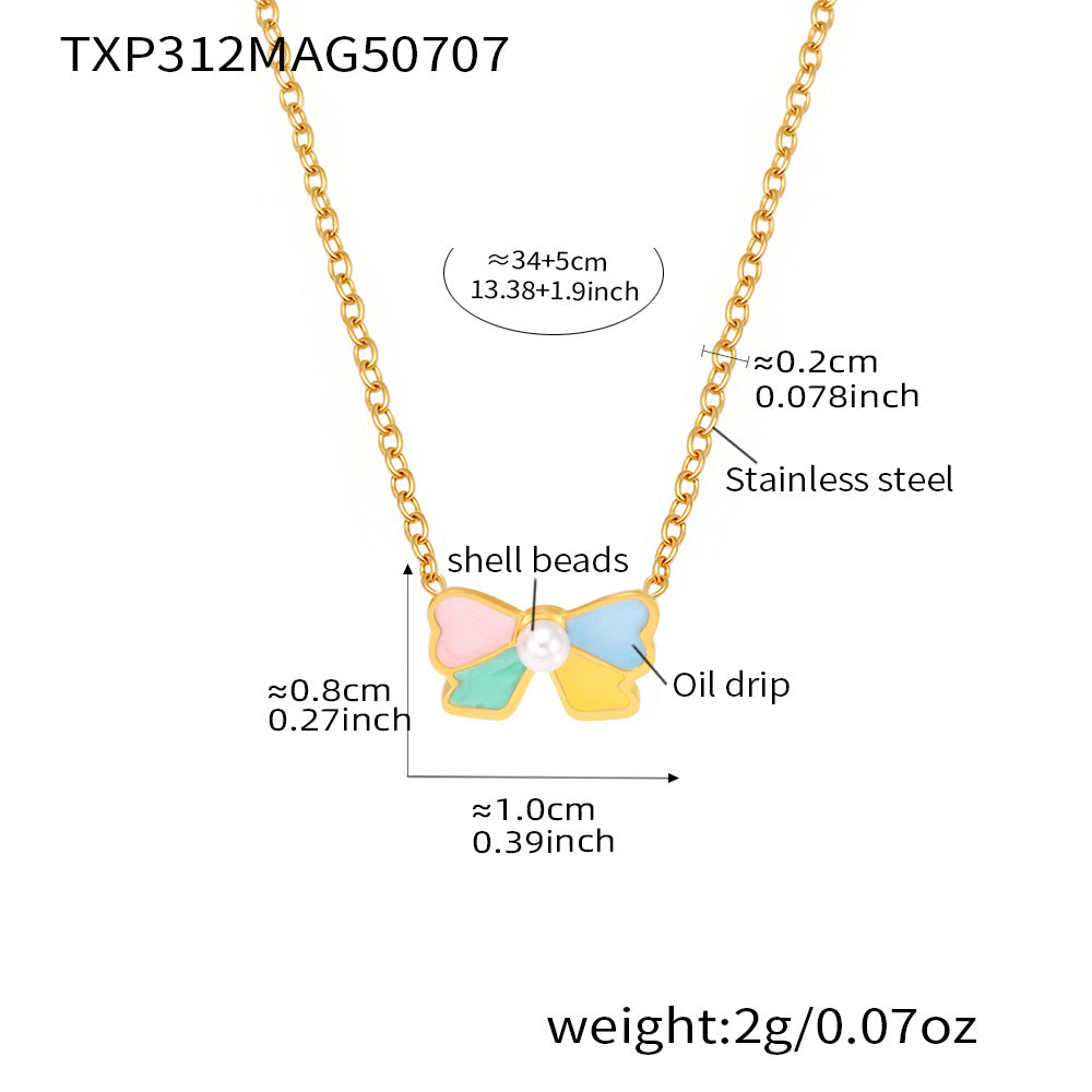 B廠【TXP312】新款兒童飾品不鏽鋼貝殼珠蝴蝶結滴油項鍊手鍊戒指耳環套裝 25.07-2