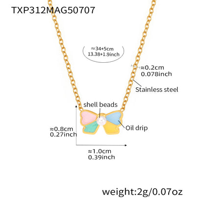 B廠【TXP312】新款兒童飾品不鏽鋼貝殼珠蝴蝶結滴油項鍊手鍊戒指耳環套裝 25.07-2